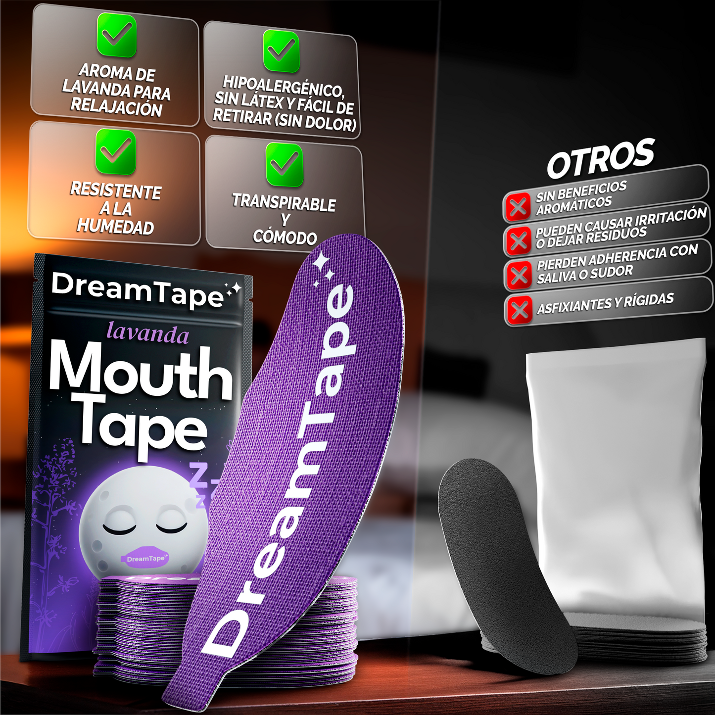 DreamTape® Mouth Tape - 35 Tiras para Respirar Mejor al Dormir (Aroma lavanda)
