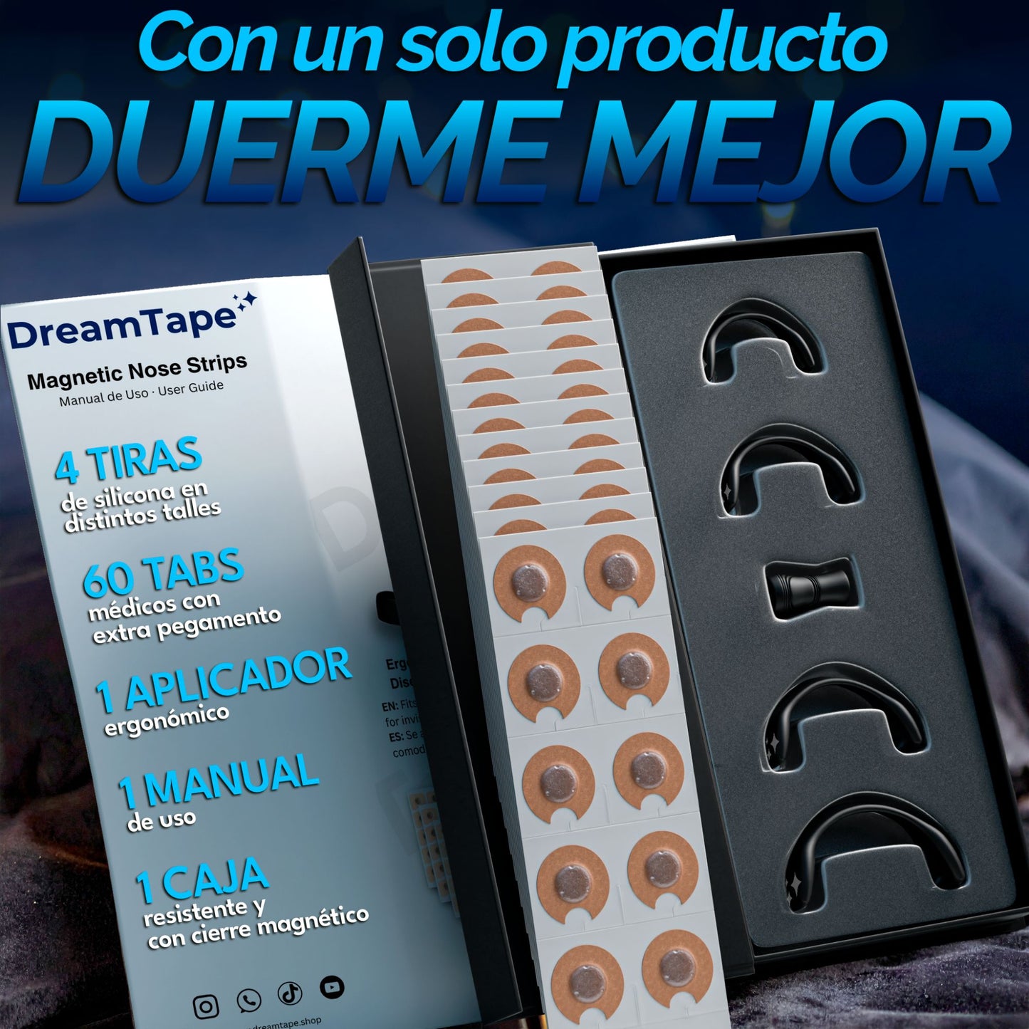 DreamTape® Tiras Nasales Magnéticas para Dormir – Kit Premium 4 Bandas + 60 Parches
